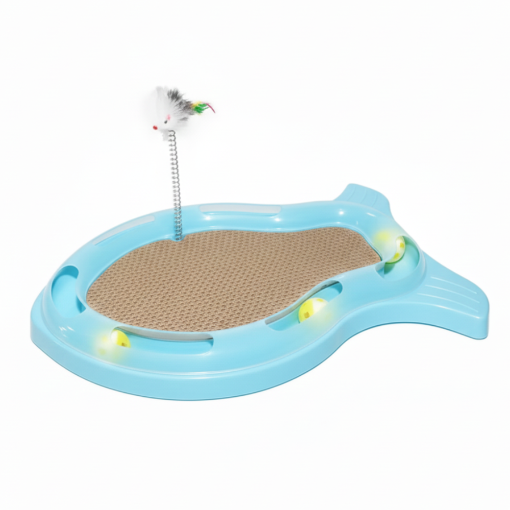 Cat toy with a blue base, cardboard scratcher, and small bird on a white background