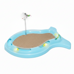 Cat toy with a blue base, cardboard scratcher, and small bird on a white background
