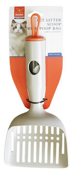 Cat litter scoop with orange handle and white scoop on a white background