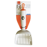Cat litter scoop with orange handle and white scoop on a white background