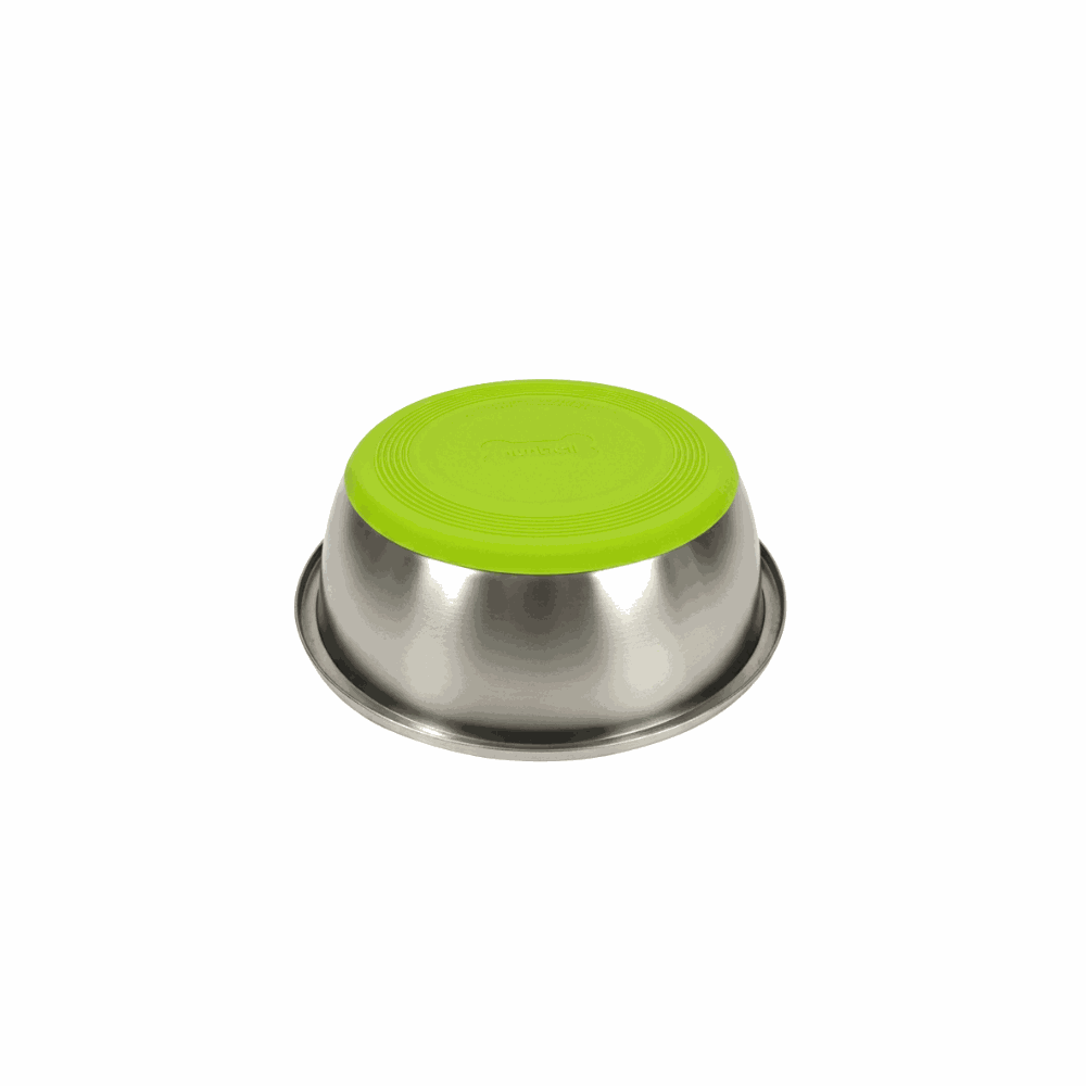 Stainless steel bowl with a green lid on a white background