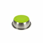 Stainless steel bowl with a green lid on a white background