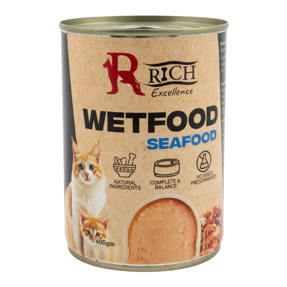 Can of Rich Excellence Wetfood Seafood for cats on a white background