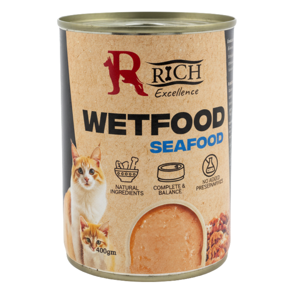 Can of Rich Excellence Wetfood Seafood for cats on a white background