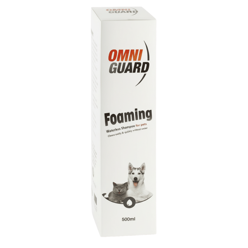 Box of Omni Guard Foaming Waterless Shampoo for pets with images of a dog and cat.