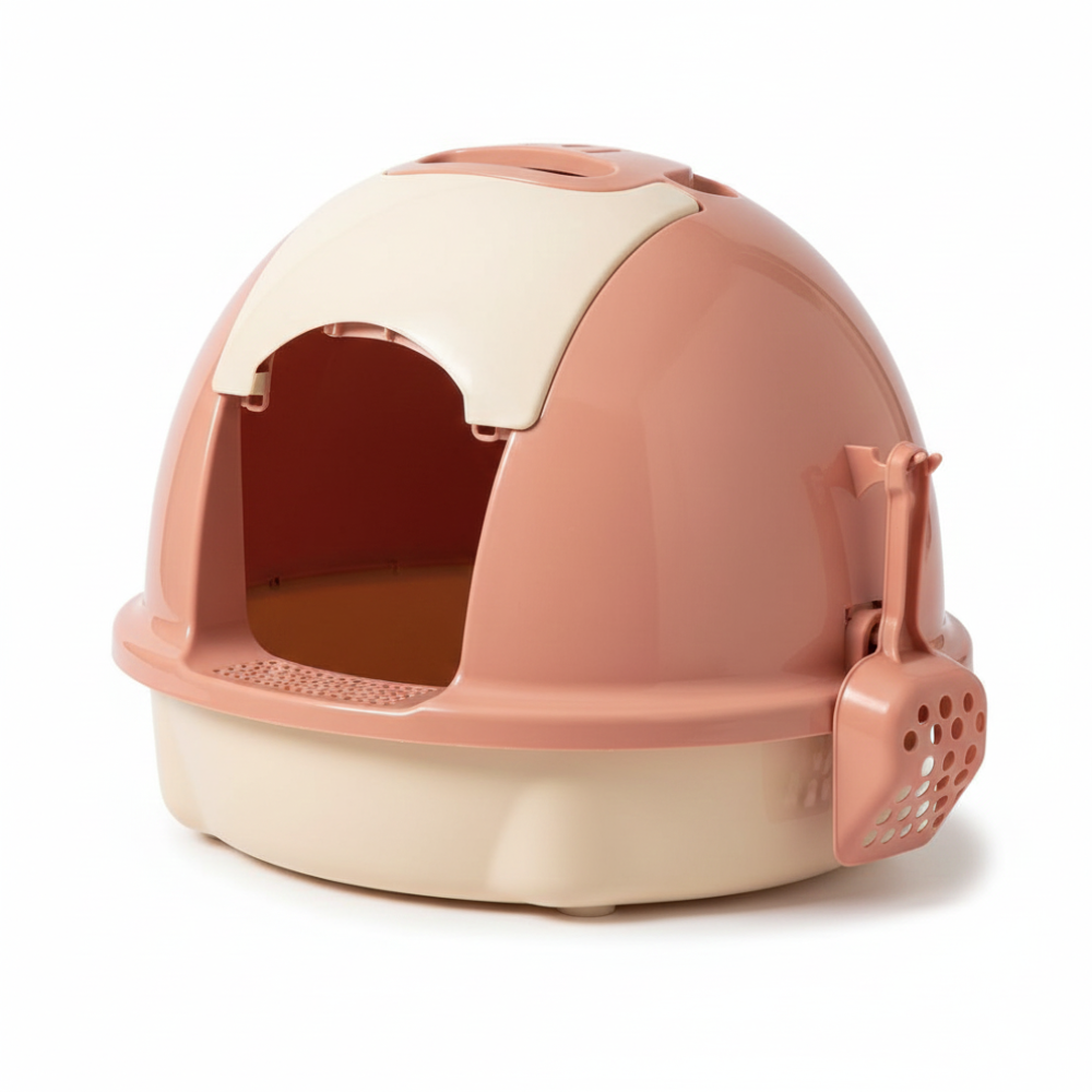 Pink and beige pet litter box on a white background