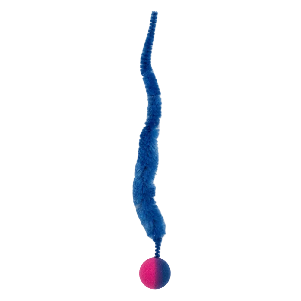Blue cat toy with a pink ball on a white background