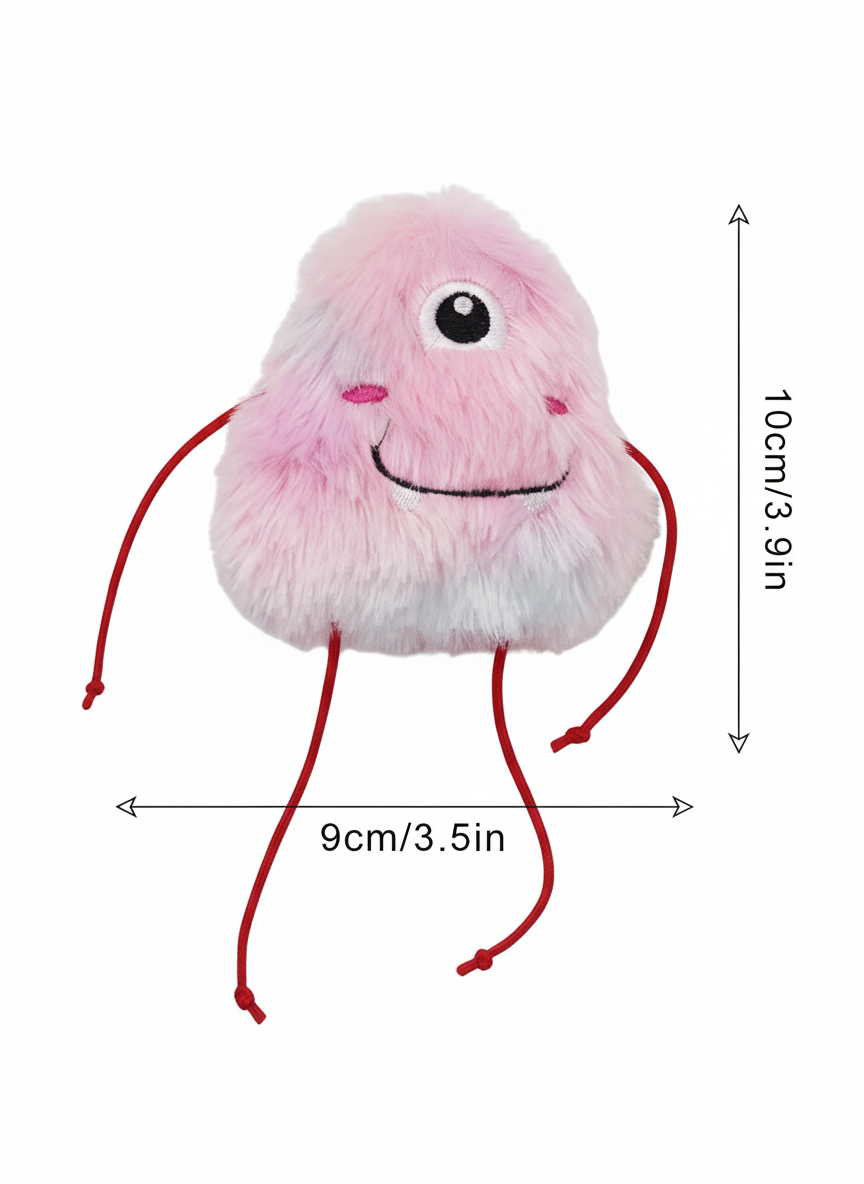 Small pink plush toy with a single eye and red arms and legs, shown with measurements on a white background.