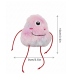 Small pink plush toy with a single eye and red arms and legs, shown with measurements on a white background.