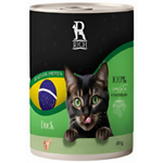 Cat food can with a black and green label featuring a cat and Brazilian flag, on a white background.
