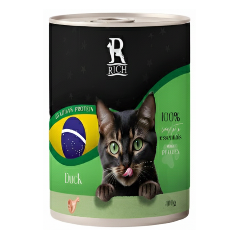 Cat food can with a cat on the label, featuring the Rich brand.