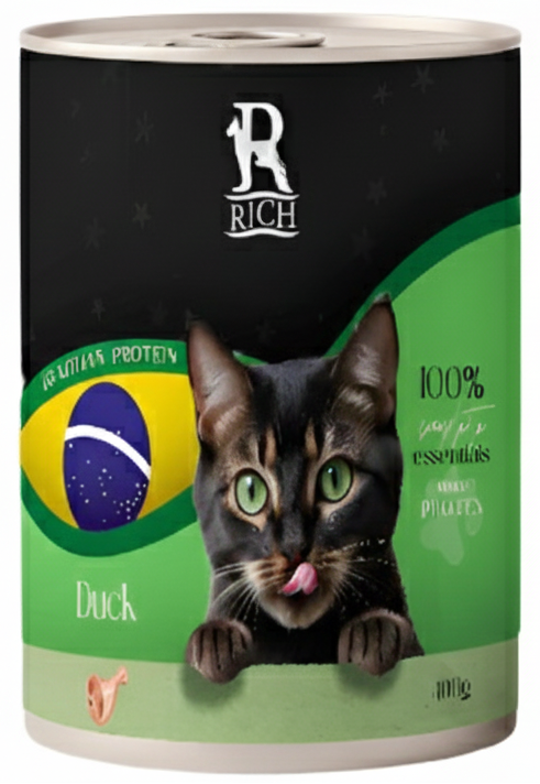 Cat food can with a cat on the label, featuring the Rich brand.