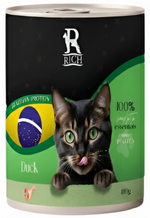 Cat food can with a cat on the label, featuring the Rich brand.