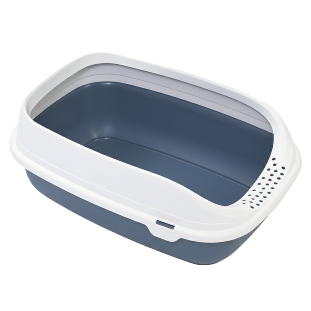 Cat litter box with a white rim and blue interior on a white background