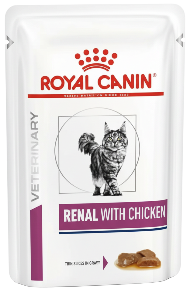 Royal Canin Veterinary Renal with Chicken cat food pouch on a white background