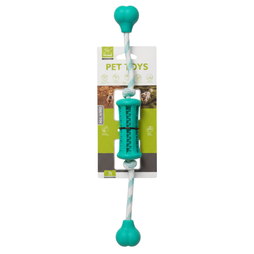 Teal pet toy with a rope on a white background