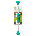 Teal pet toy with a rope on a white background