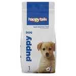 Happy Tails dog food package for puppies on a white background