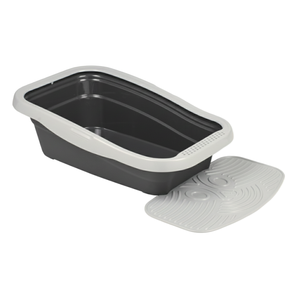 Gray pet litter box with a lid on a white background