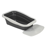 Gray pet litter box with a lid on a white background