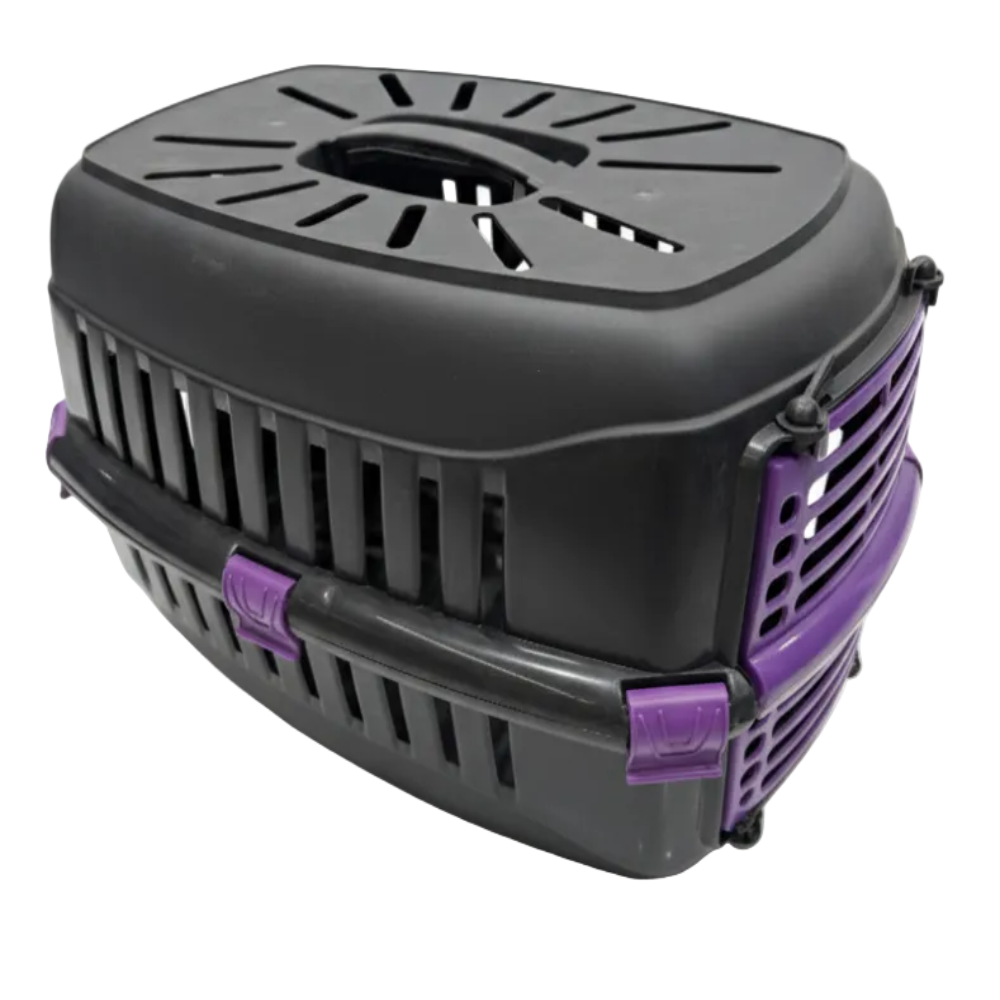 Pet carrier with purple accents on a white background