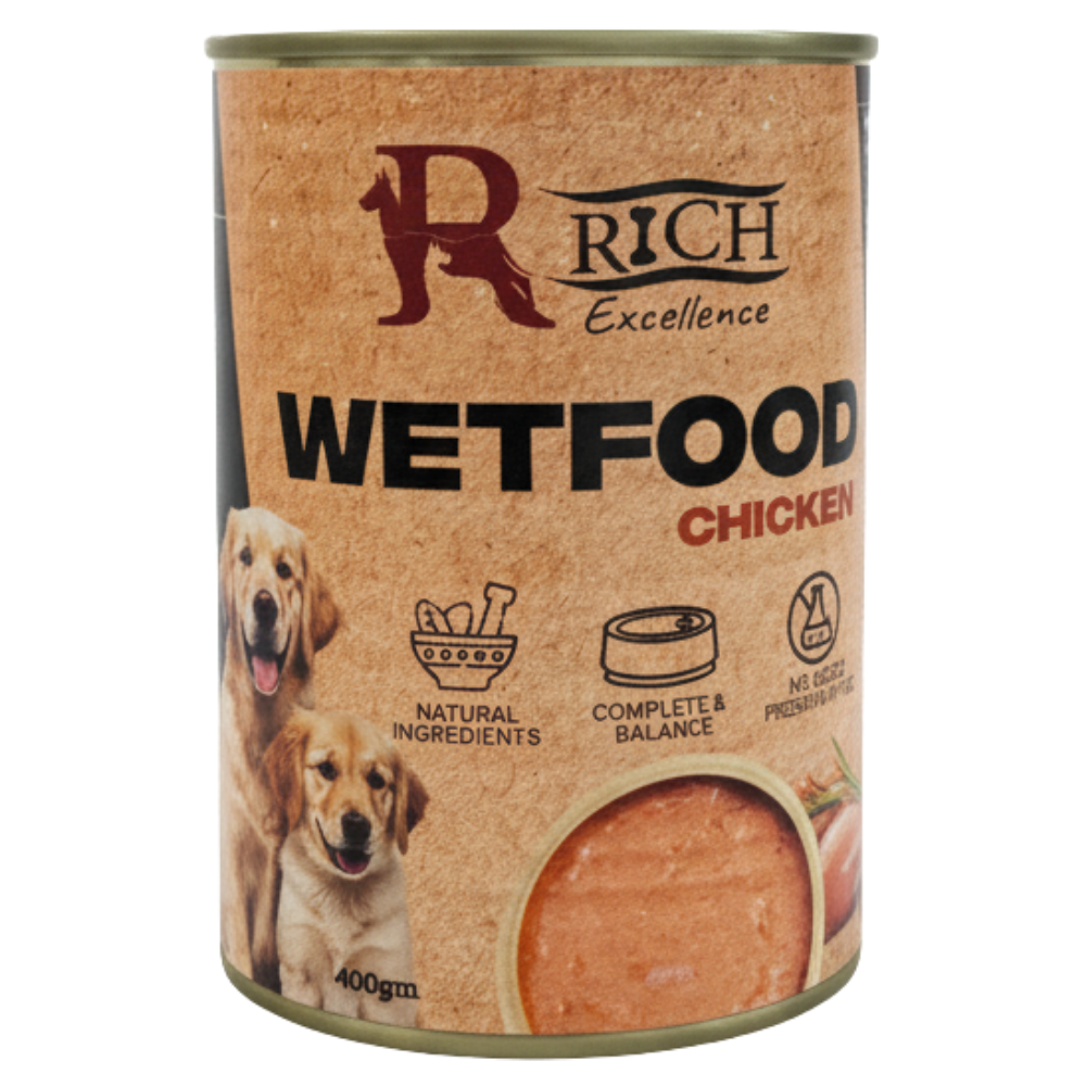 Can of Rich Excellence Wetfood with chicken on a white background