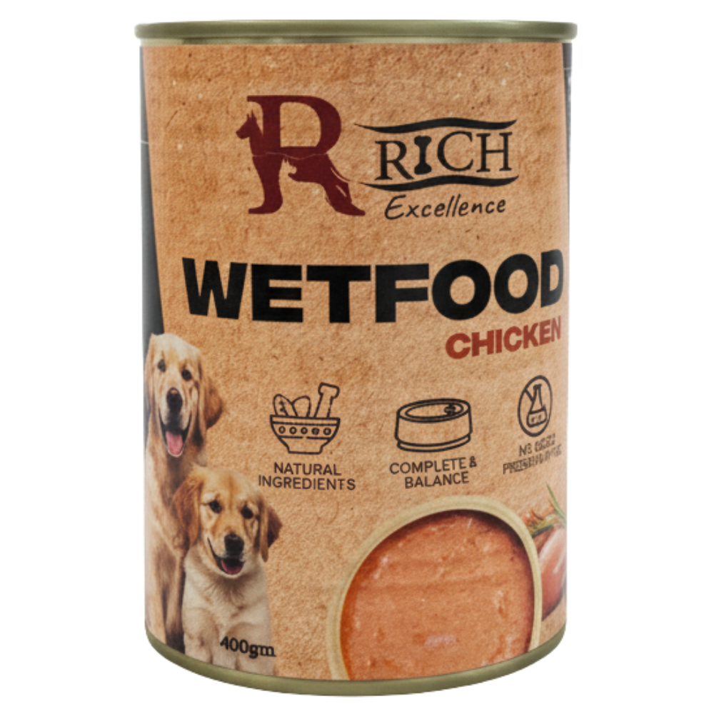 Can of Rich Excellence Wetfood with chicken on a white background