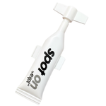 White tube with black text on a white background