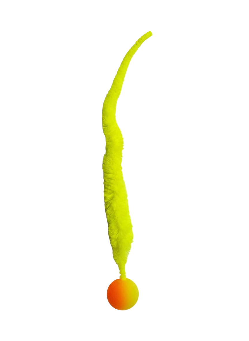 Long, thin, yellow object with a spherical orange end on a white background