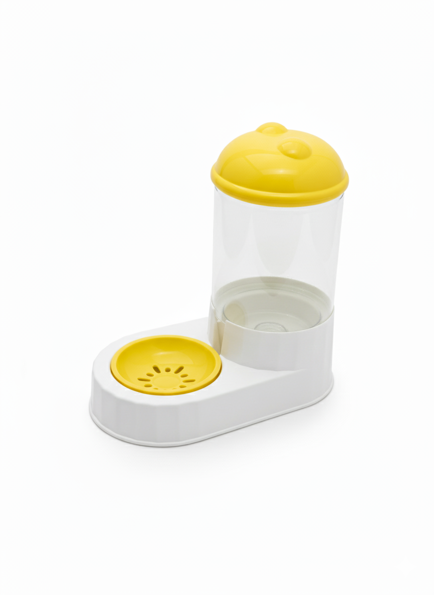 Pet feeder with yellow top and bowl on a white background