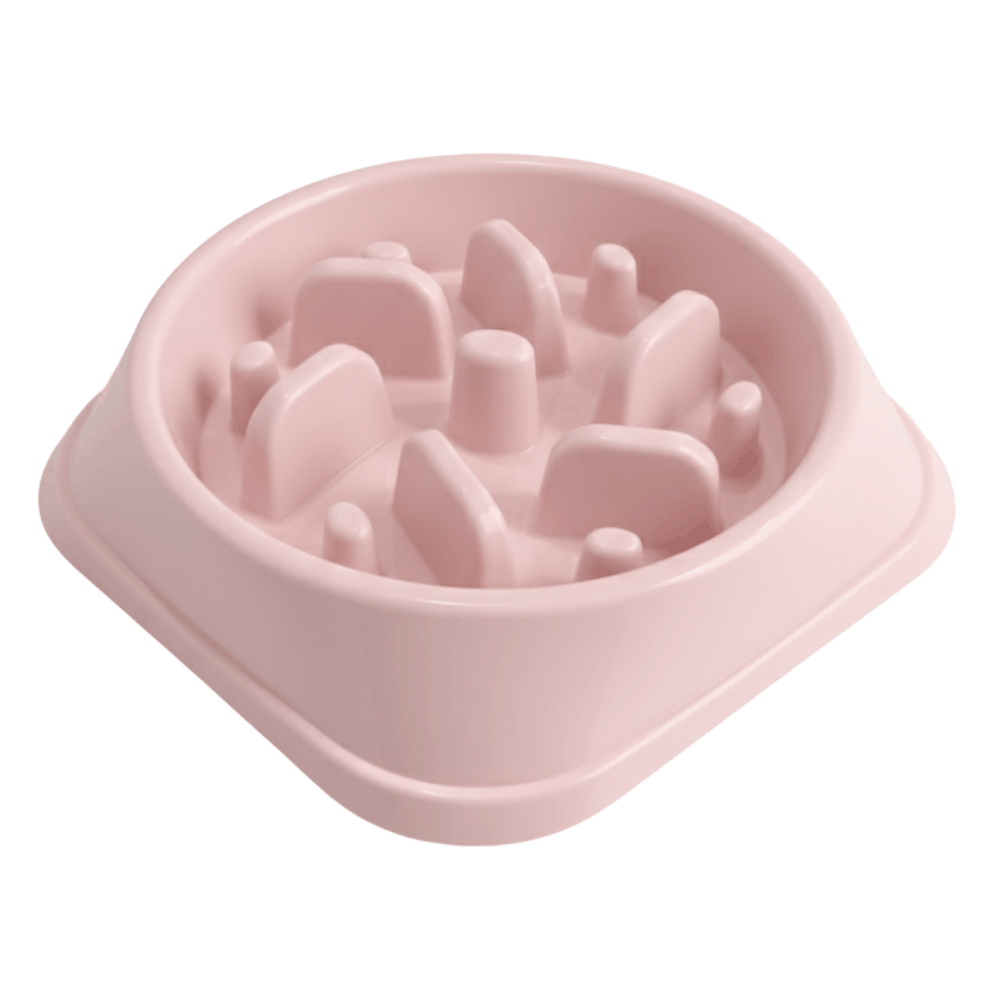 Pink dog food bowl with raised edges on a white background