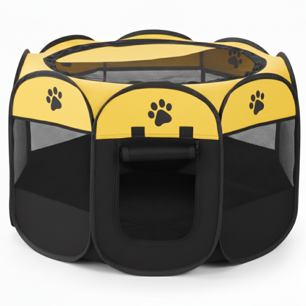 Black and yellow pet playpen with paw prints on a white background