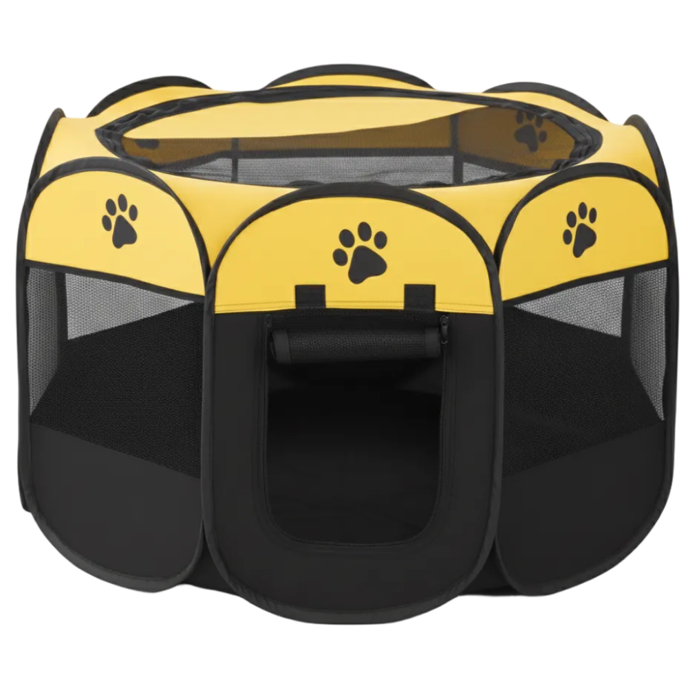 Black and yellow pet playpen with paw prints on a white background