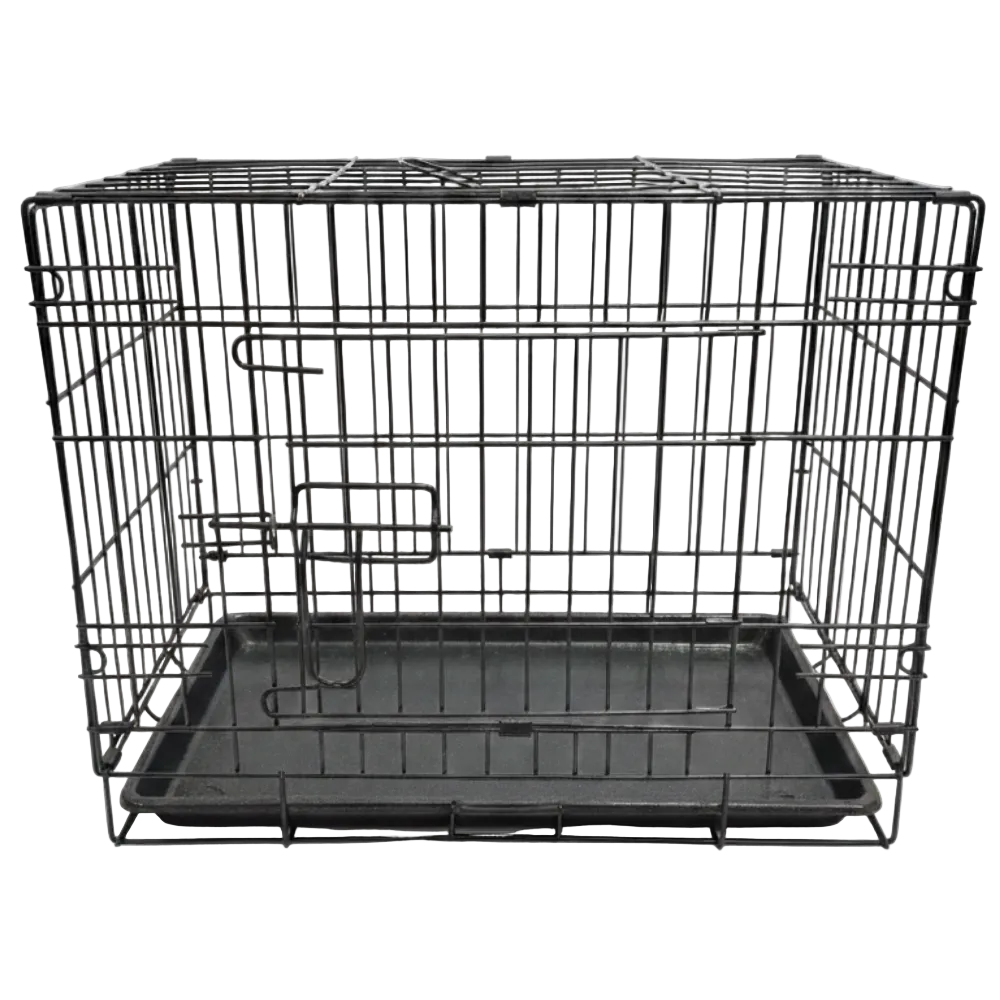 Black metal pet crate on a white background