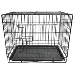 Black metal pet crate on a white background
