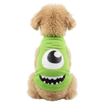 Dog wearing a green costume with a cartoonish face on a white background