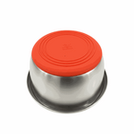 Stainless steel container with an orange lid on a white background