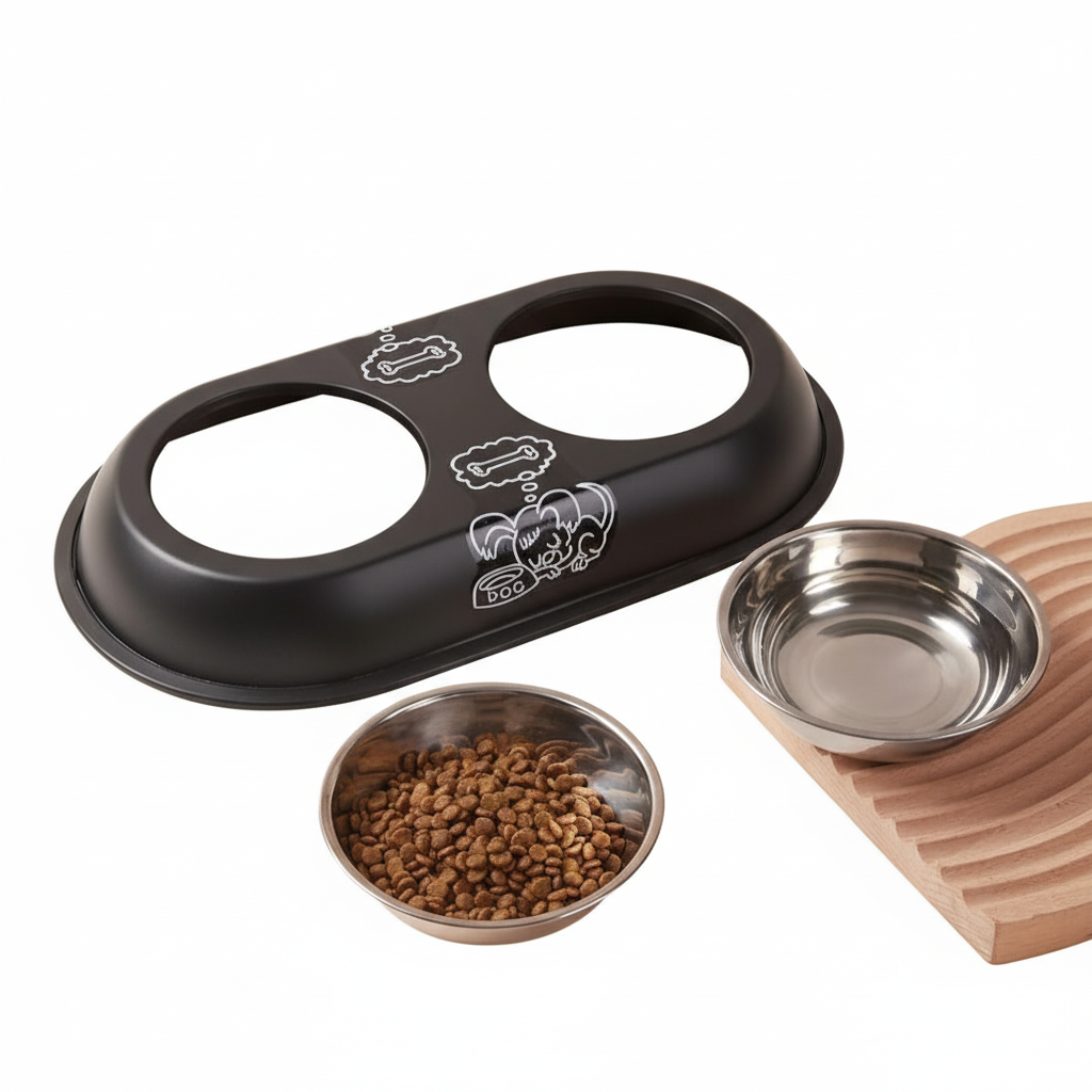 Pet feeding station with two bowls, one filled with food, on a white background