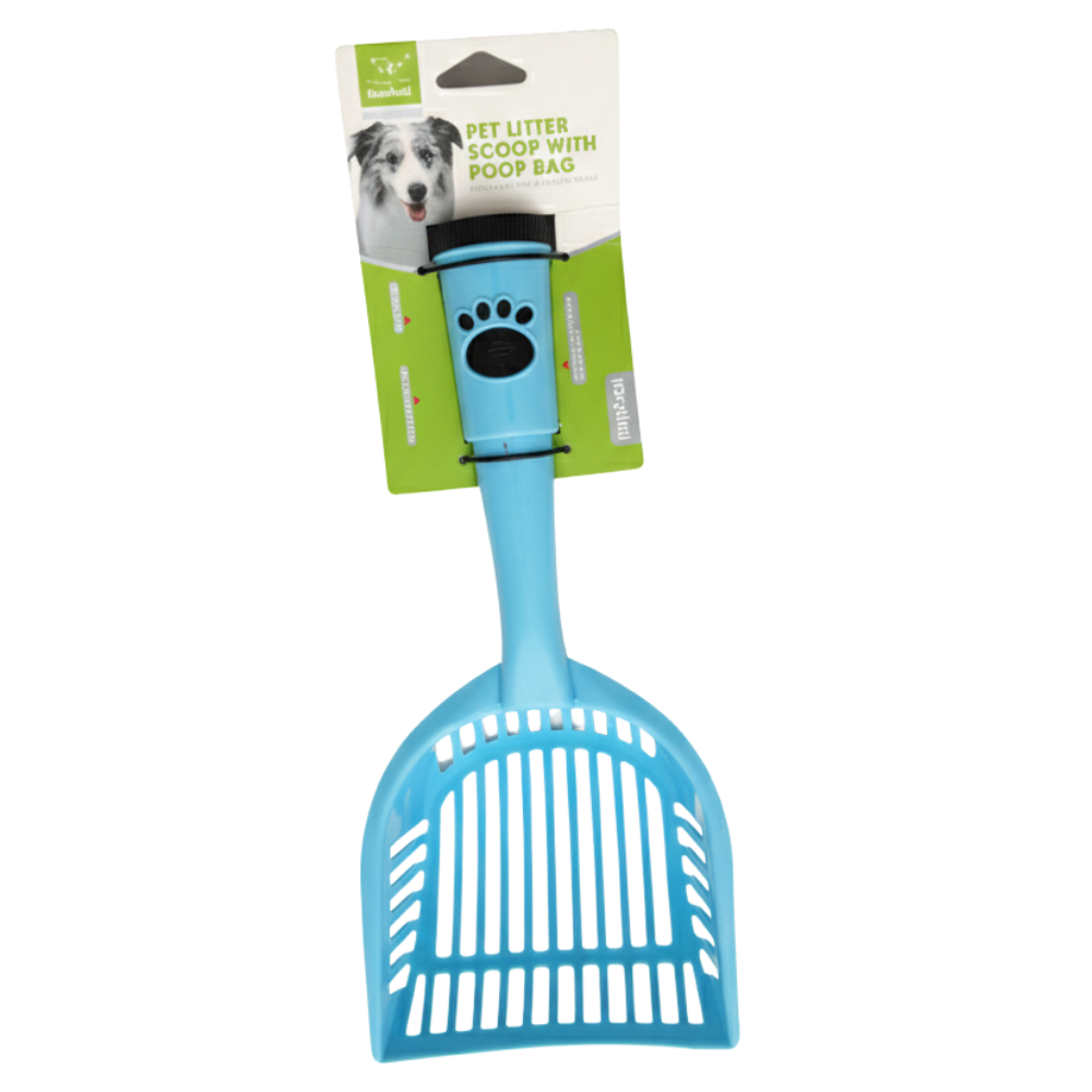 Blue pet litter scoop with packaging on a white background