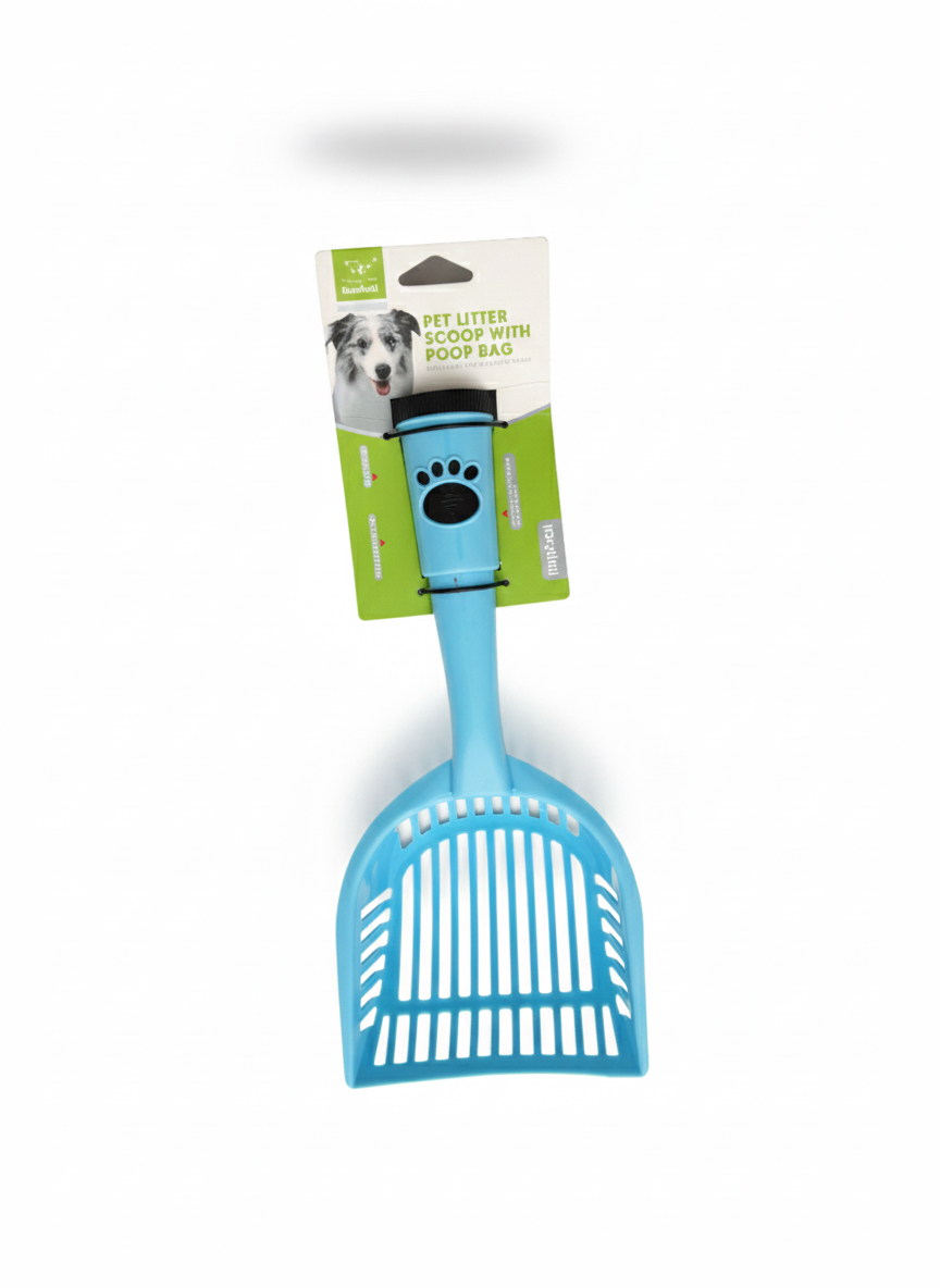 Blue pet litter scoop with packaging on a white background