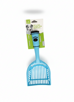 Blue pet litter scoop with packaging on a white background