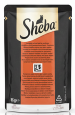 Sheba cat food pouch packaging with black and orange design