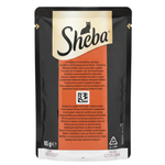 Sheba cat food pouch packaging with black and orange design