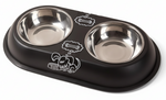 Black double-dish pet feeder with stainless steel bowls on a white background