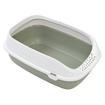 Pet litter box with a white rim and green interior on a white background