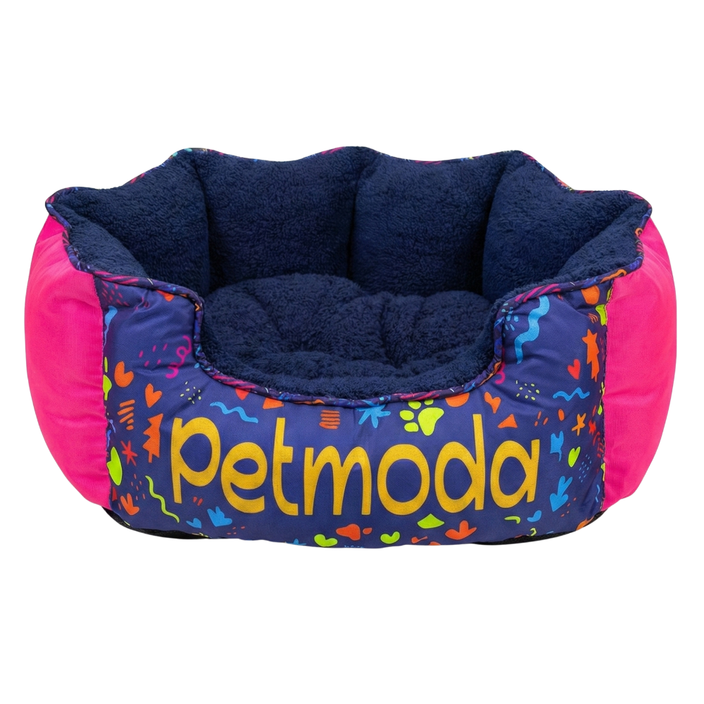 Colorful pet bed with 'petmoda' branding on a white background