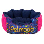 Colorful pet bed with 'petmoda' branding on a white background