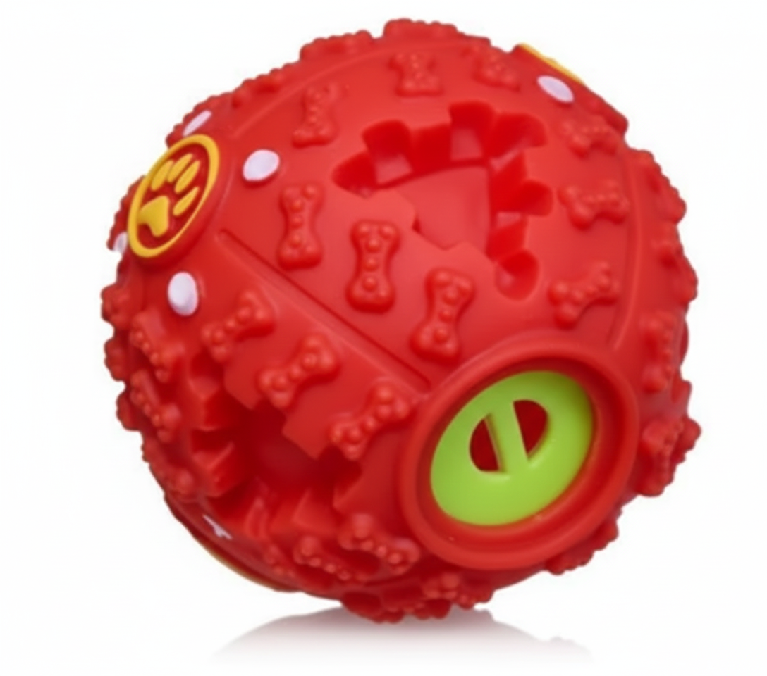 Red textured dog toy with a green center on a white background