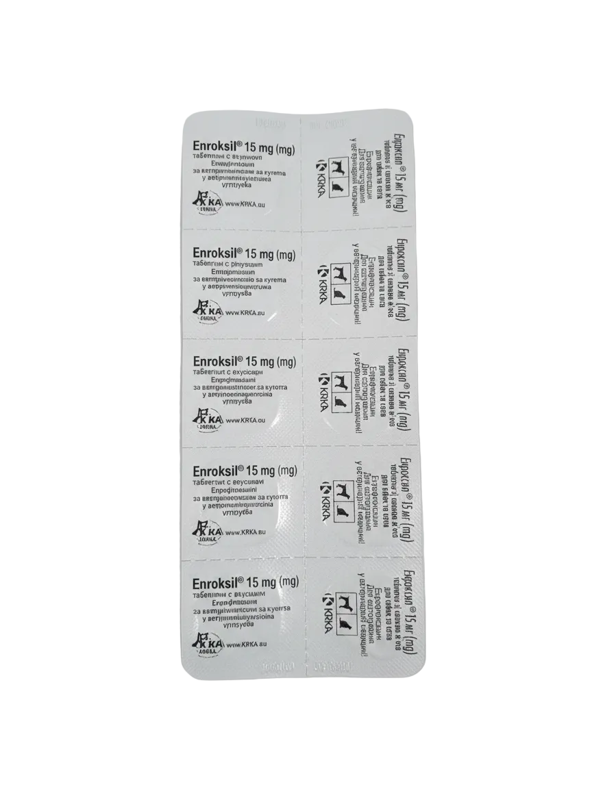 Packaging of Enrofloxacin 15 mg tablets on a white background