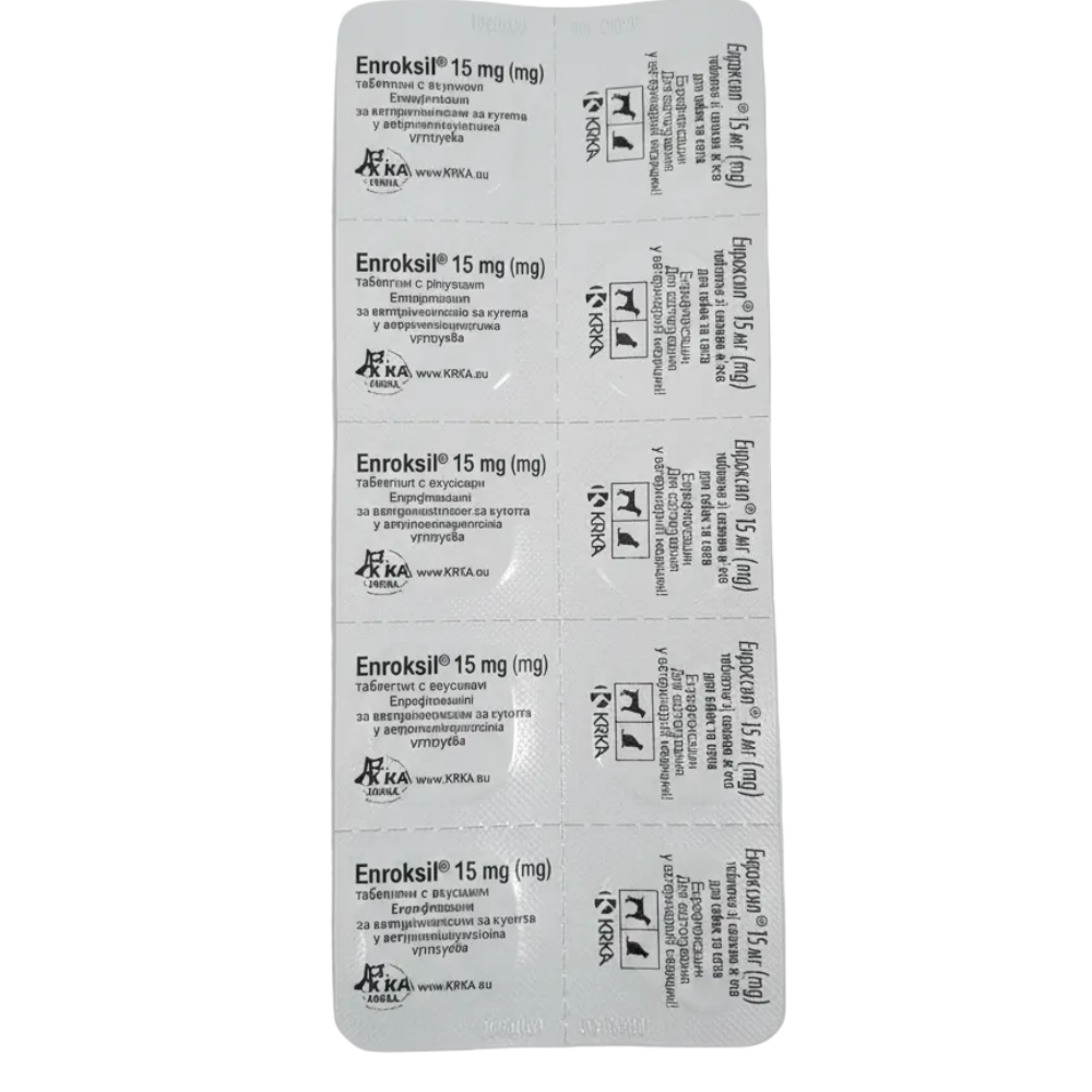 Packaging of Enrofloxacin 15 mg tablets on a white background